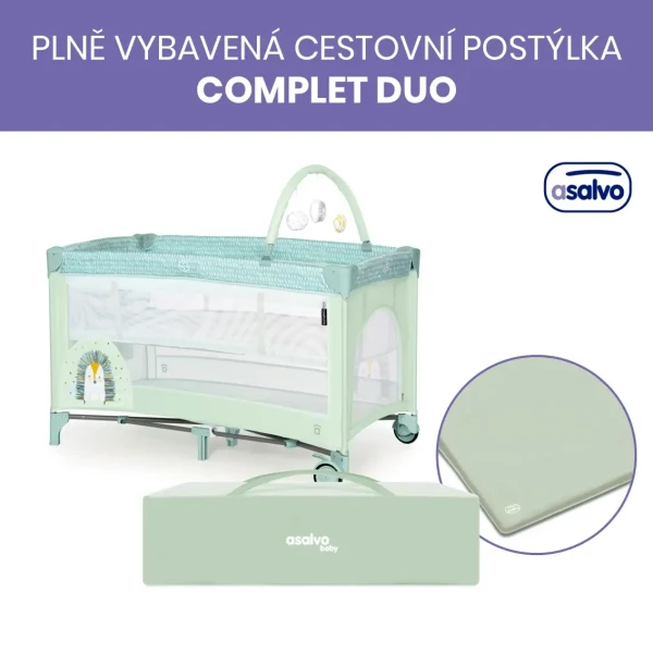 Asalvo COMPLET DUO cestovná postieľka (závesné lôžko, hrací oblúk), hedgehog