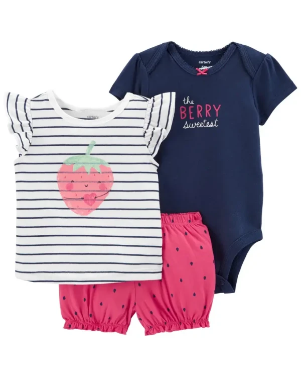 CARTER'S Set 3dielny body kr. rukáv, tričko kr. rukáv, kraťasy Strawberry Stripes dievča 9m