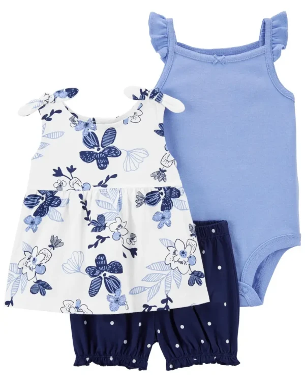 CARTER'S Set 3dielny tričko na ramienka, body na ramienka, kraťasy Blue Flowers dievča 24m