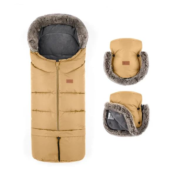 PETITE&MARS Set zimný fusak Arctic 4v1 + rukavice na kočík Furry Elegant Caramel