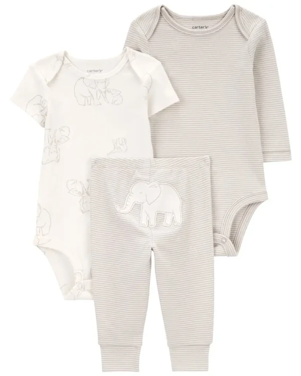 CARTER'S Set 3dielny body dl. rukáv, body kr. rukáv, tepláky Grey Stripe/Elephant neutrál 12m/ veľ.